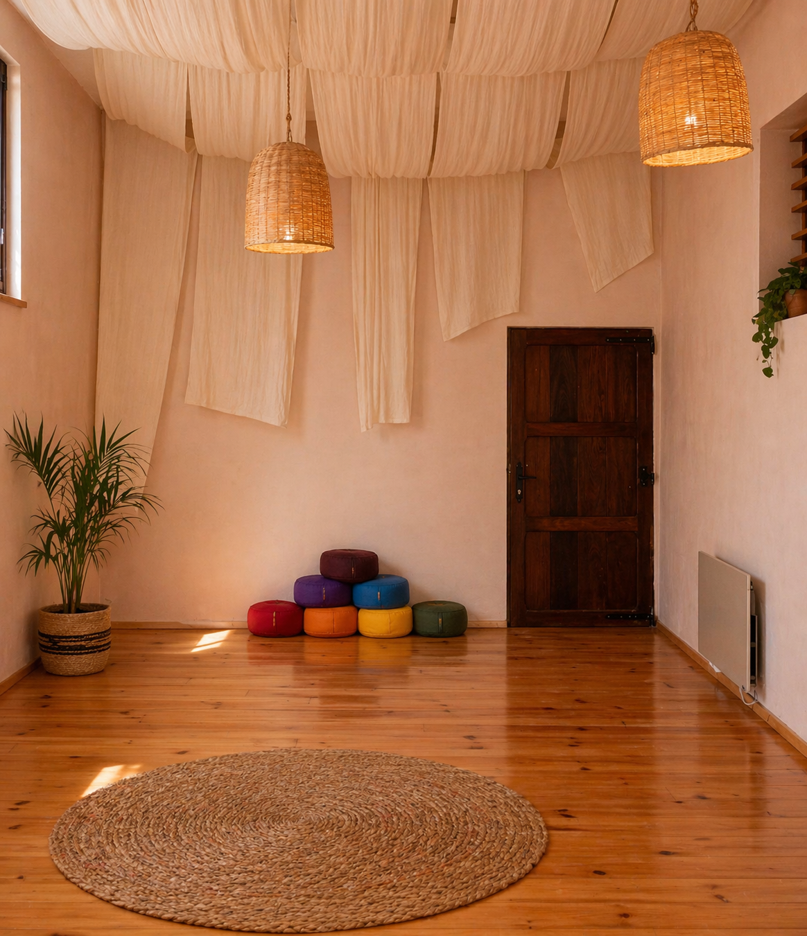 Ruimte voor yoga en meditatie met houten vloer, kussens en zachte verlichting